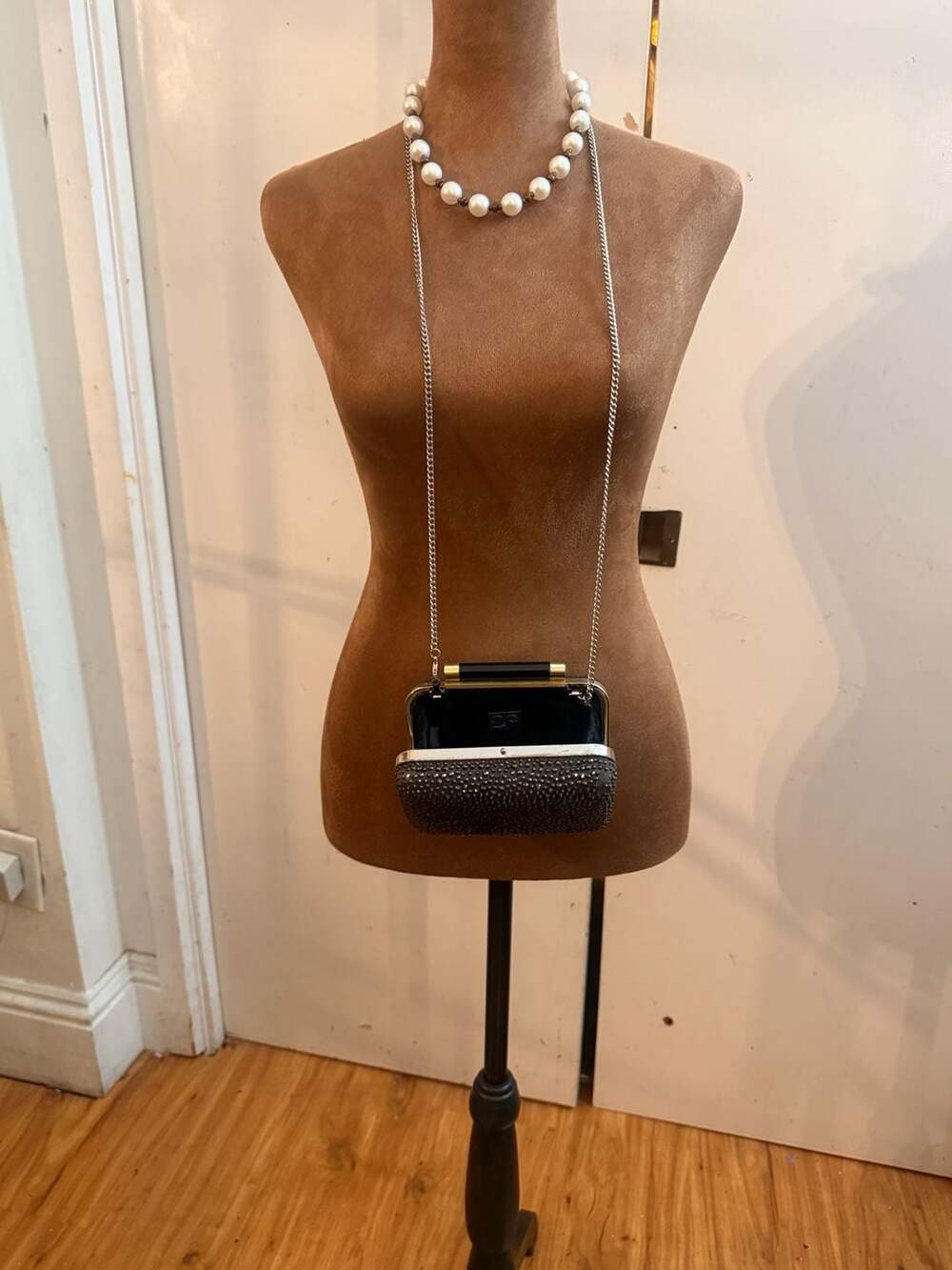 Diane von Furstenberg Black Beaded Clutch Bag with Chain Strap